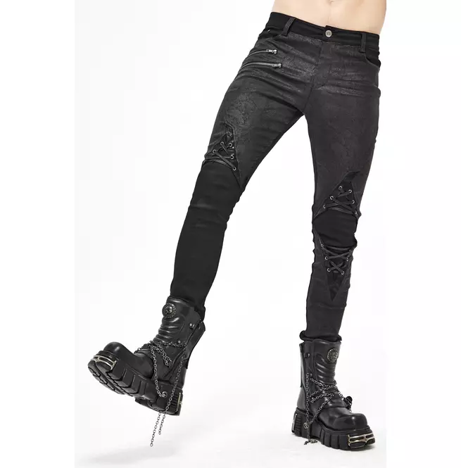 Gothic Men's Leather Patch Black Skinny-fit Pants With Zipper Fly