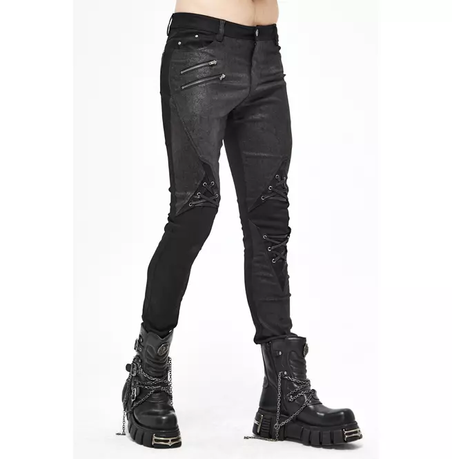 Gothic Men's Leather Patch Black Skinny-fit Pants With Zipper Fly