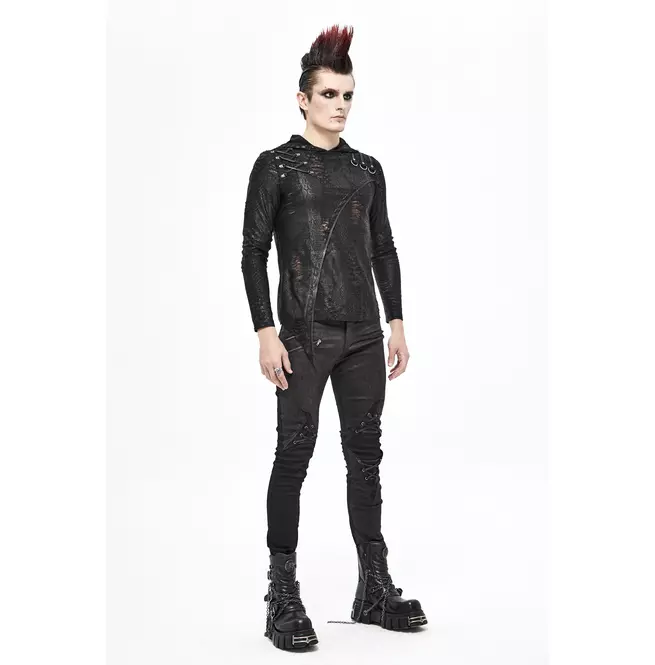 Gothic Men's Leather Patch Black Skinny-fit Pants With Zipper Fly