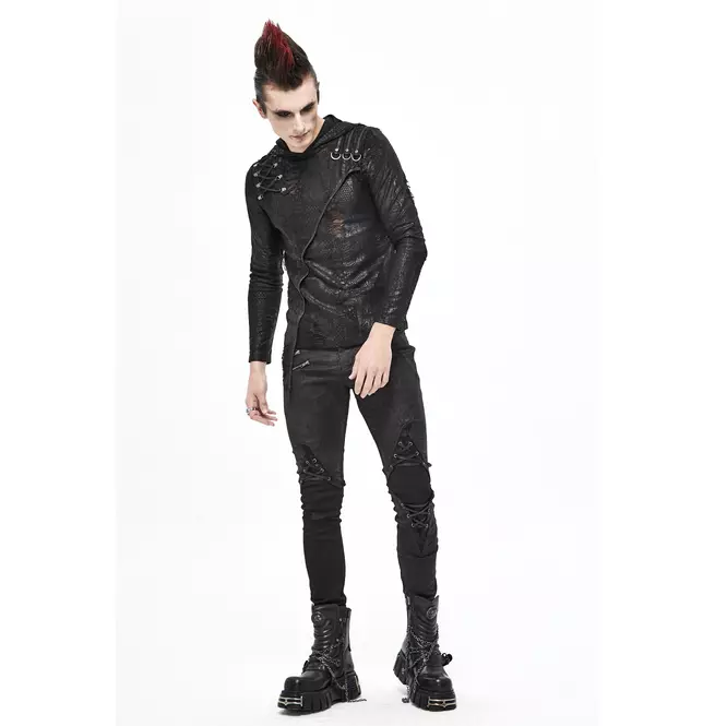 Gothic Men's Leather Patch Black Skinny-fit Pants With Zipper Fly