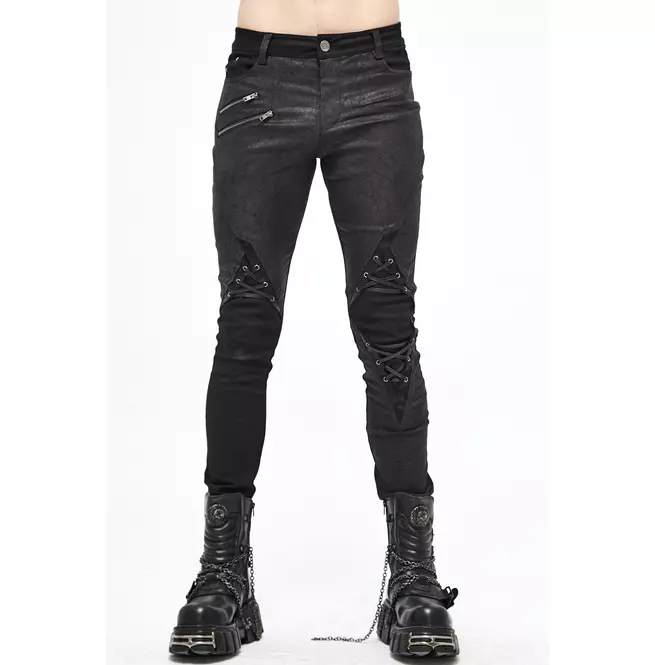 Gothic Men's Leather Patch Black Skinny-fit Pants With Zipper Fly