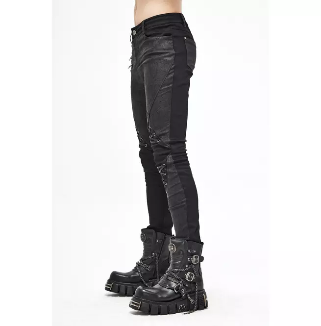 Gothic Men's Leather Patch Black Skinny-fit Pants With Zipper Fly