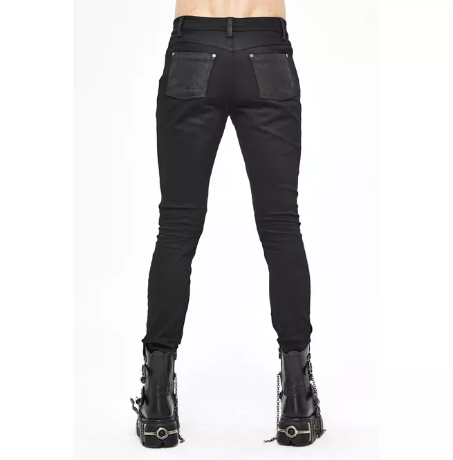 Gothic Men's Leather Patch Black Skinny-fit Pants With Zipper Fly