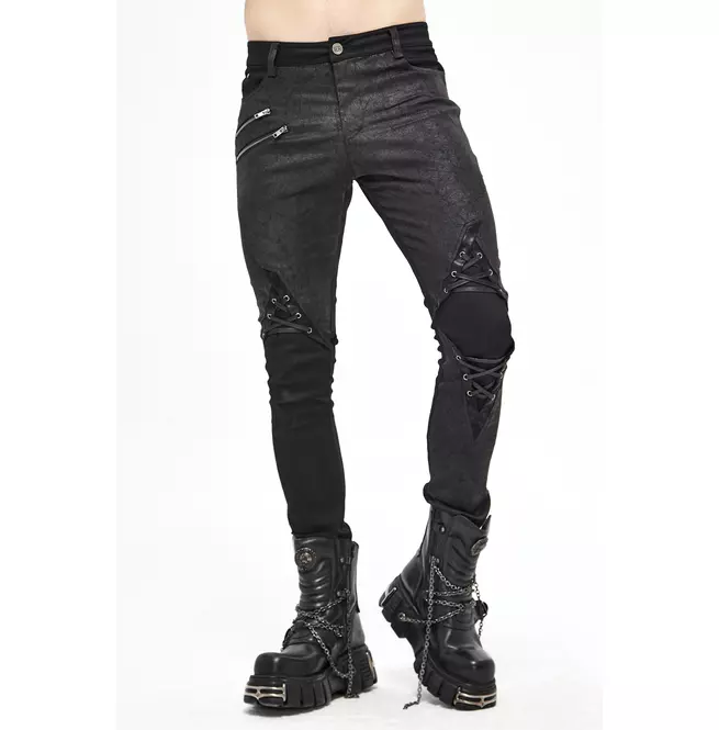 Gothic Men's Leather Patch Black Skinny-fit Pants With Zipper Fly