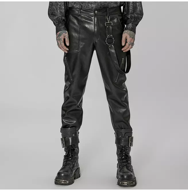 Gothic Removable Loop Skinny Fit Leather Pants for Men