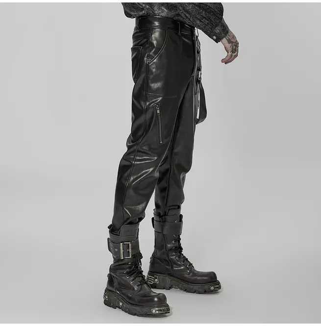 Gothic Removable Loop Skinny Fit Leather Pants for Men