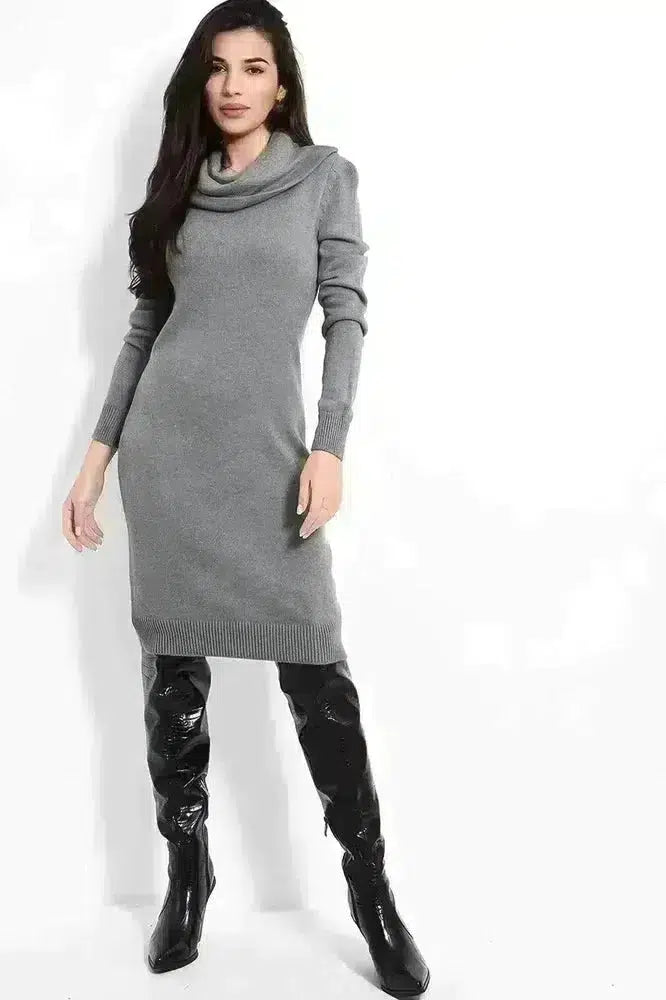 High Cowl Neck Midi Knitted Dress