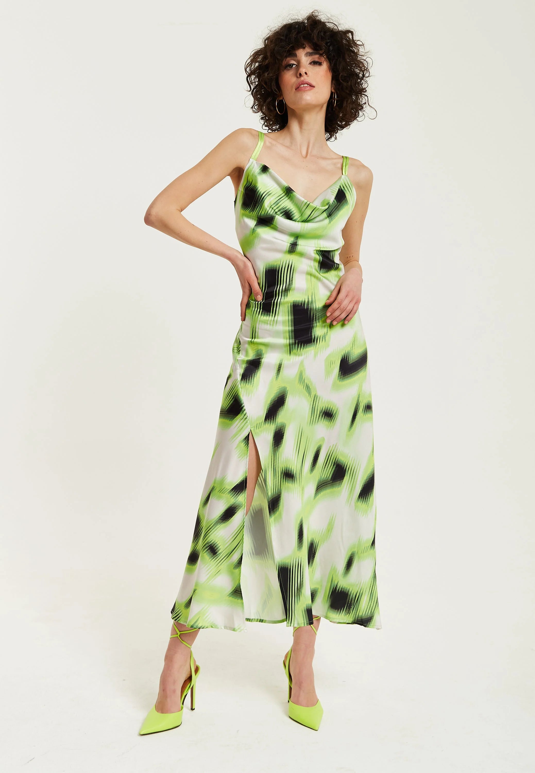 Liquorish Green And Black Abstract Print Cowl Neck Midi