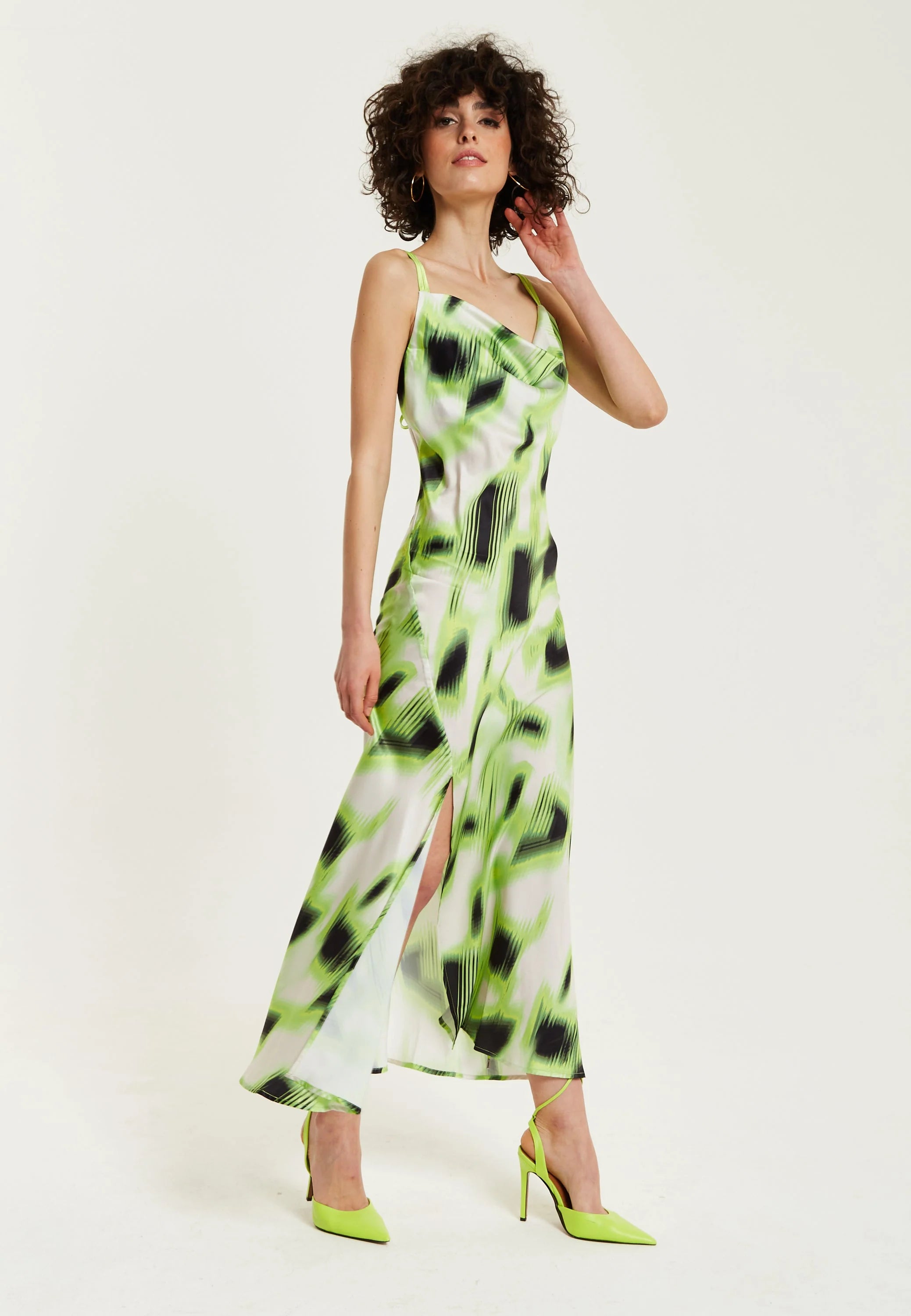 Liquorish Green And Black Abstract Print Cowl Neck Midi