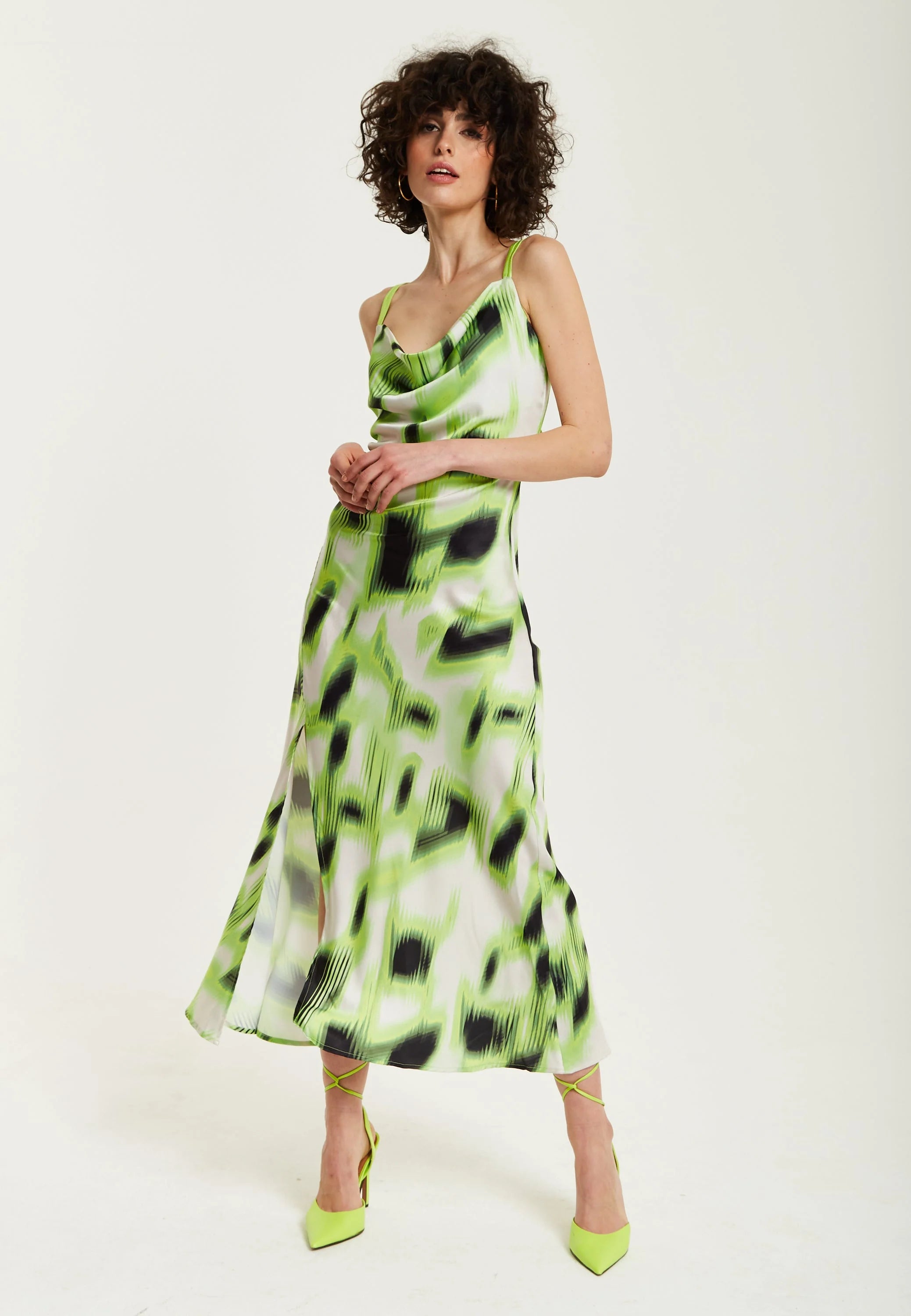 Liquorish Green And Black Abstract Print Cowl Neck Midi