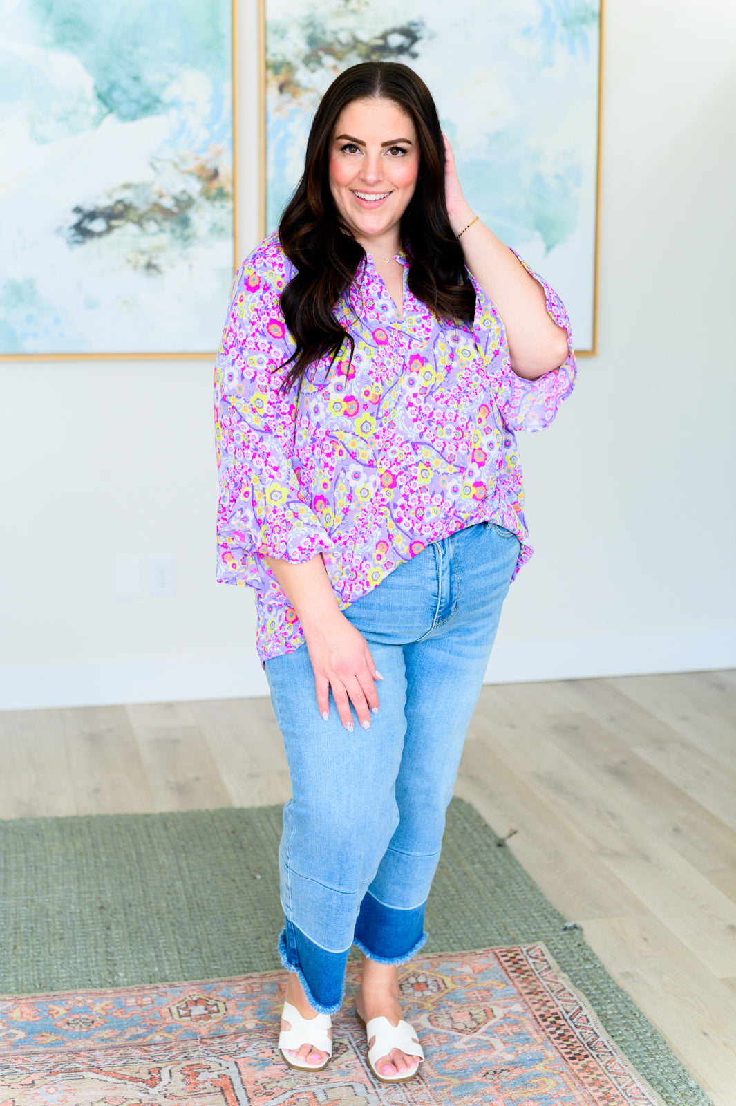 Lizzy Bell Sleeve Top in Lavender Retro Ditsy Floral