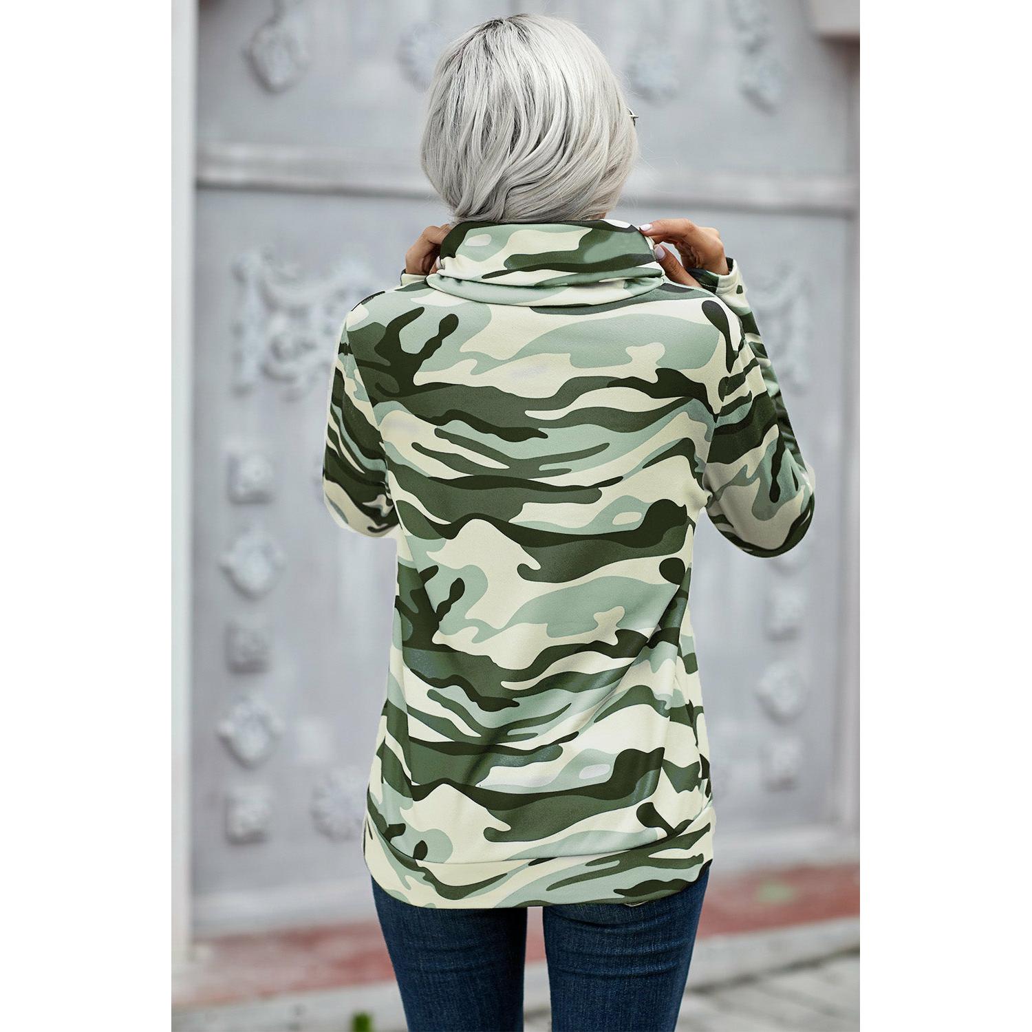 Long sleeve Army Green Camo Cowl Neck Top