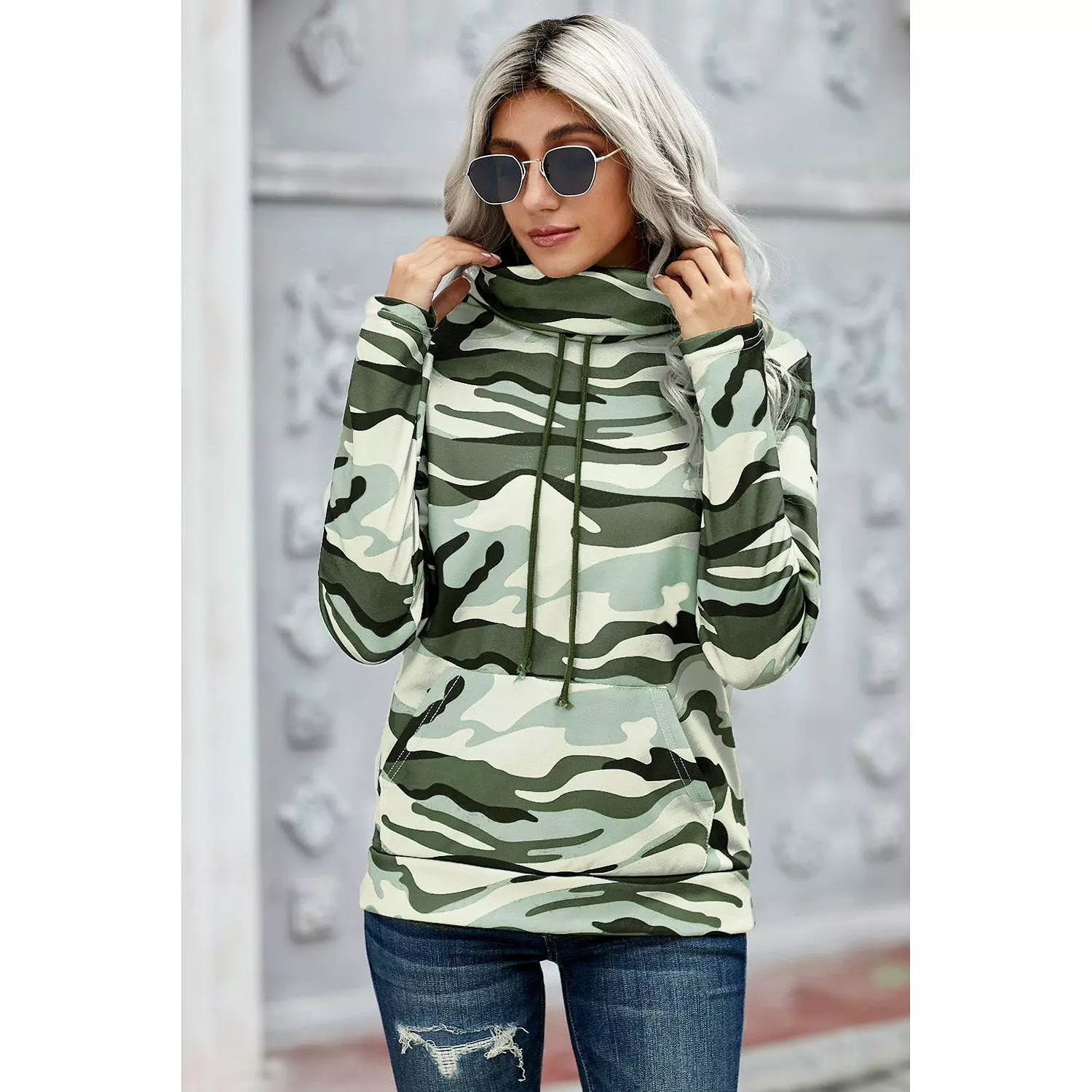 Long sleeve Army Green Camo Cowl Neck Top