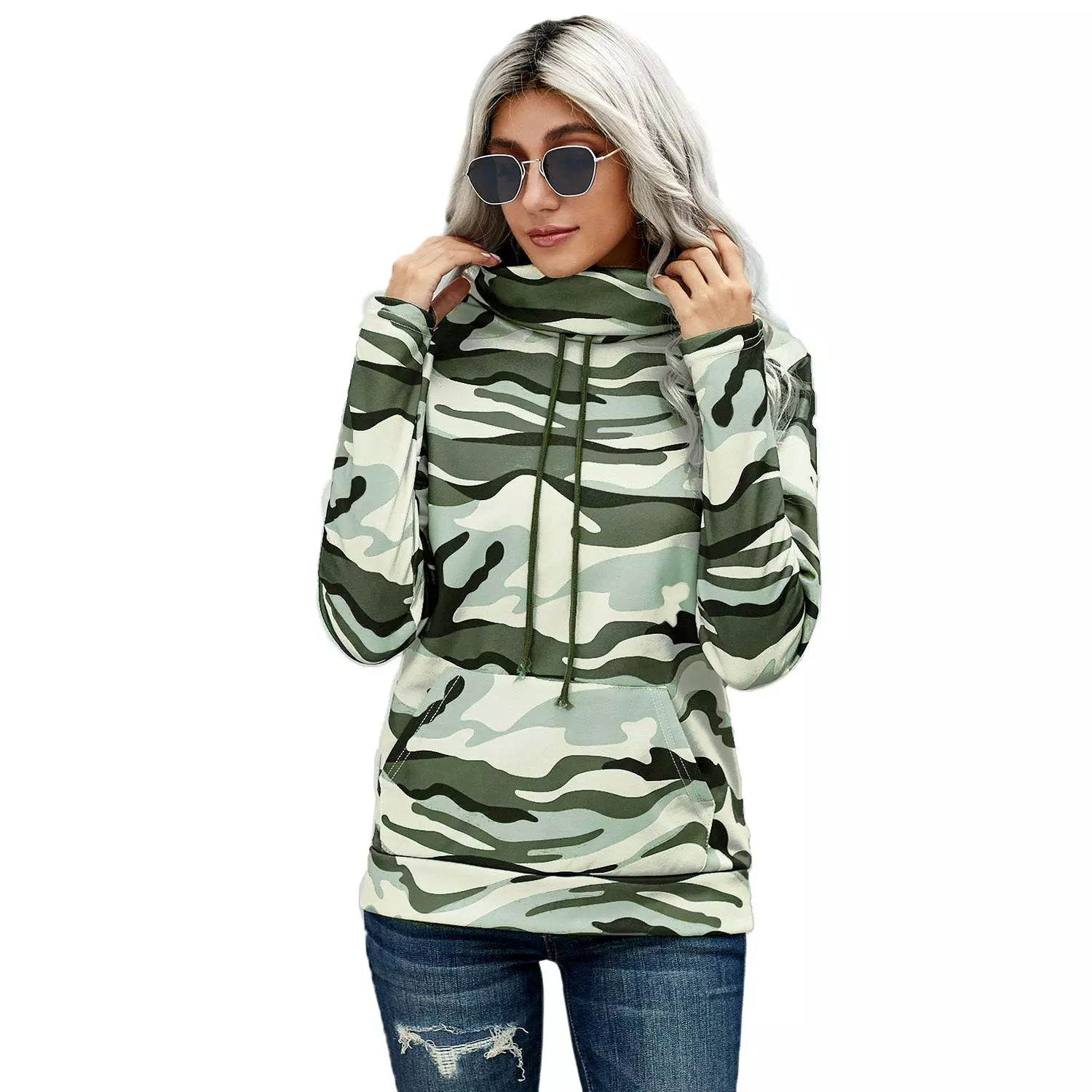 Long sleeve Army Green Camo Cowl Neck Top