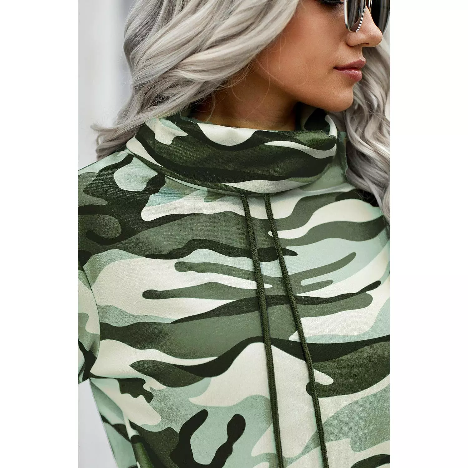 Long sleeve Army Green Camo Cowl Neck Top