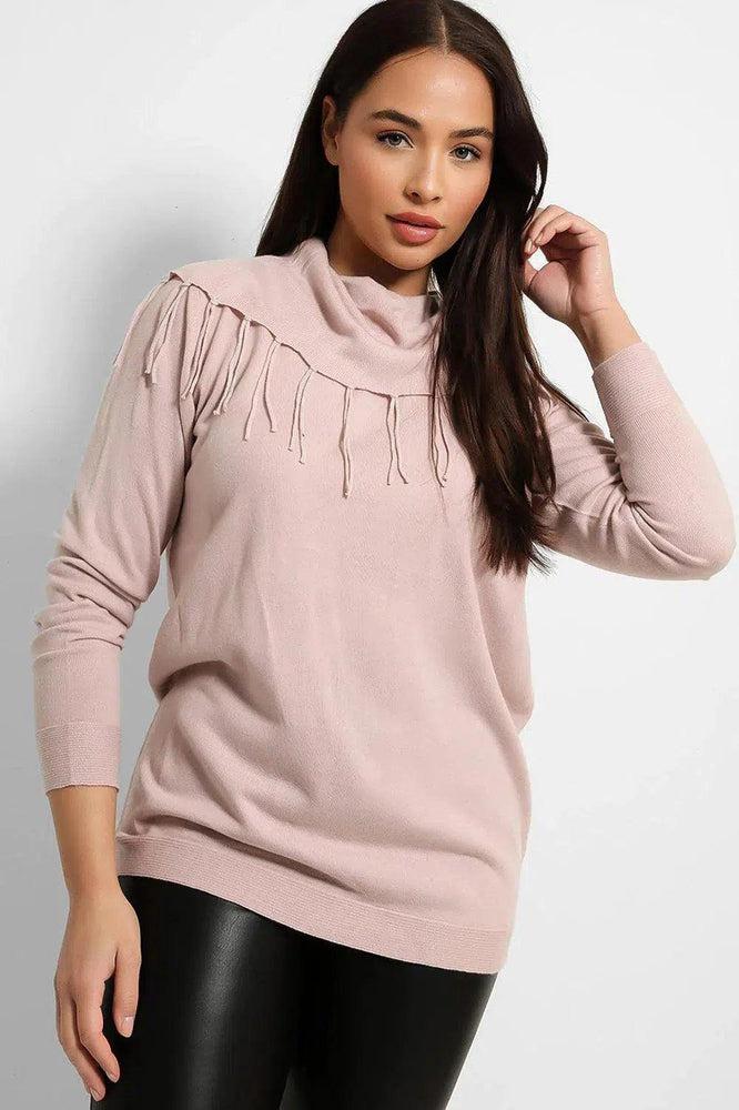 Lurex Fringe Cowl Neck Pullover