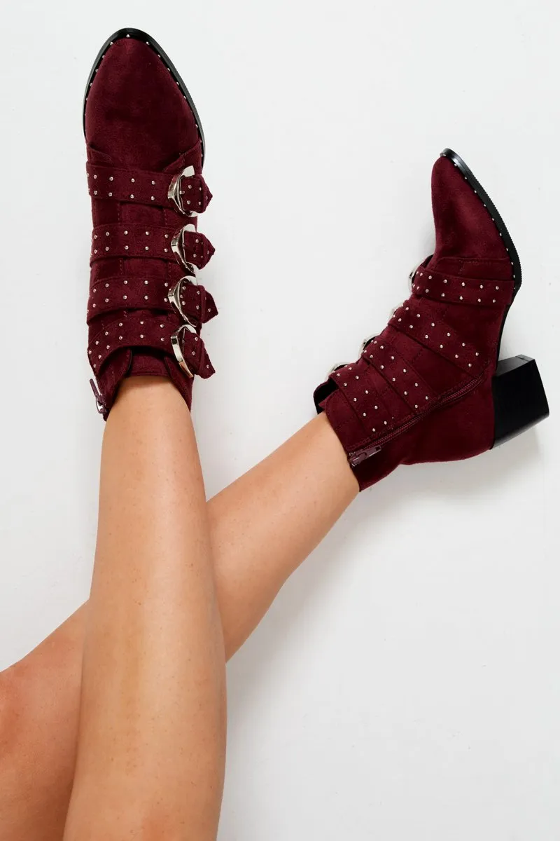 Maroon Faux Suede Multi Buckle Ankle Boots - Sissy