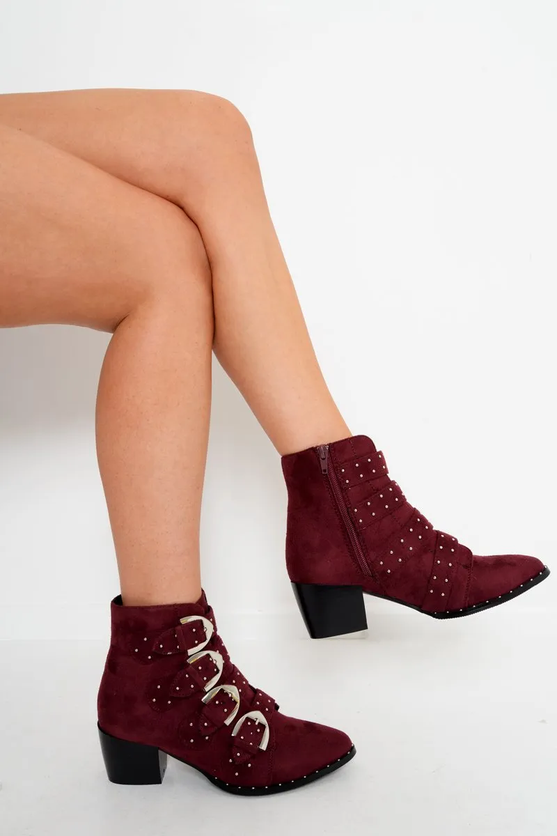 Maroon Faux Suede Multi Buckle Ankle Boots - Sissy