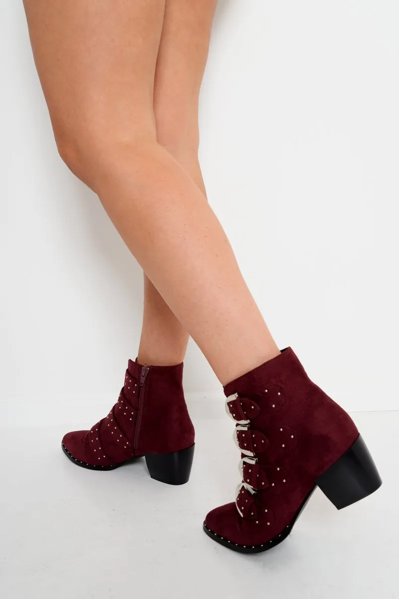 Maroon Faux Suede Multi Buckle Ankle Boots - Sissy