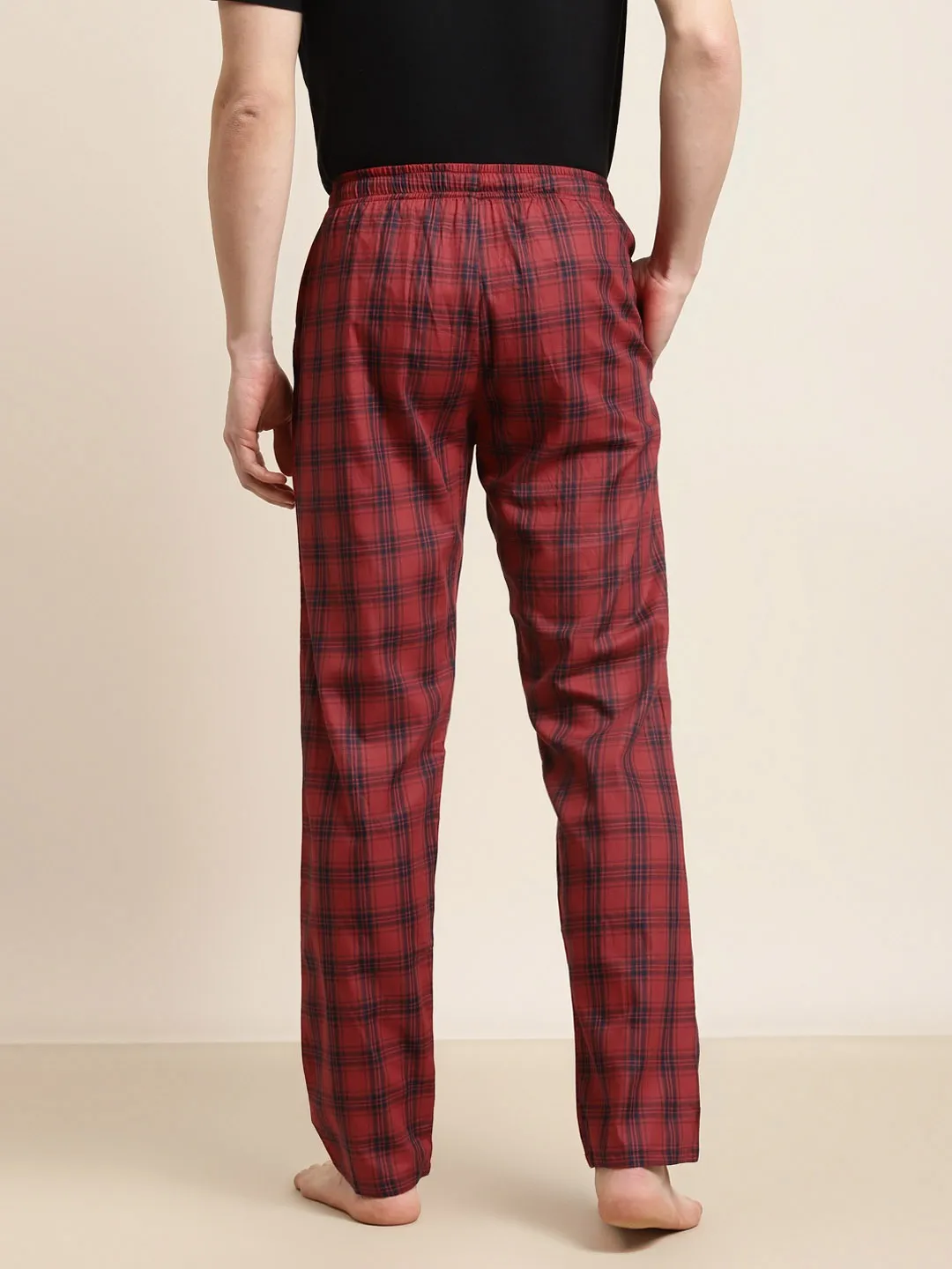 Men Navy-Red Checks Pure Cotton Relaxed Fit Casual Lounge Pant