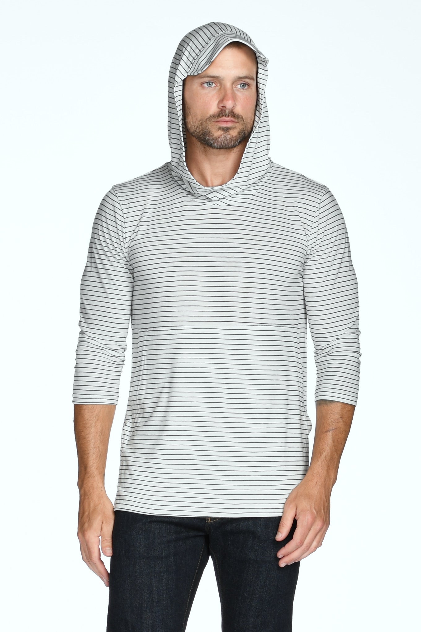 Men's 3/4 Sleeve Cowl Neck Visor Stripe Hoodie