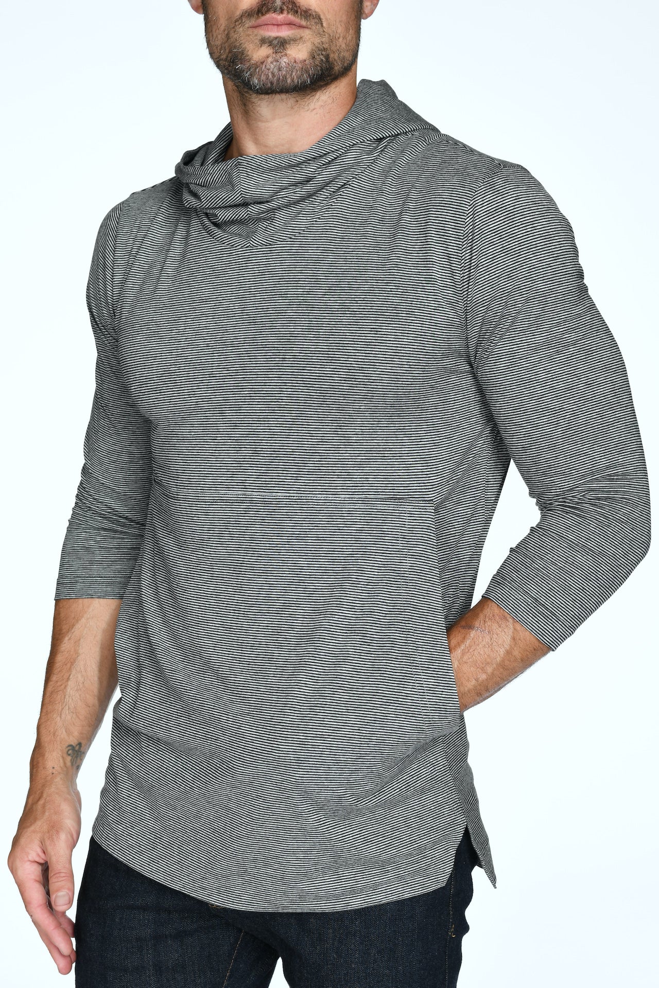 Men's 3/4 Sleeve Cowl Neck Visor Stripe Hoodie