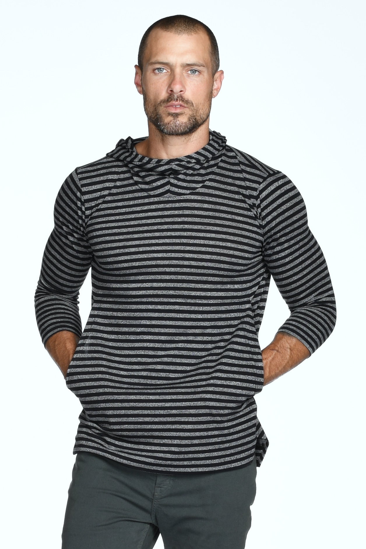 Men's 3/4 Sleeve Cowl Neck Visor Stripe Hoodie