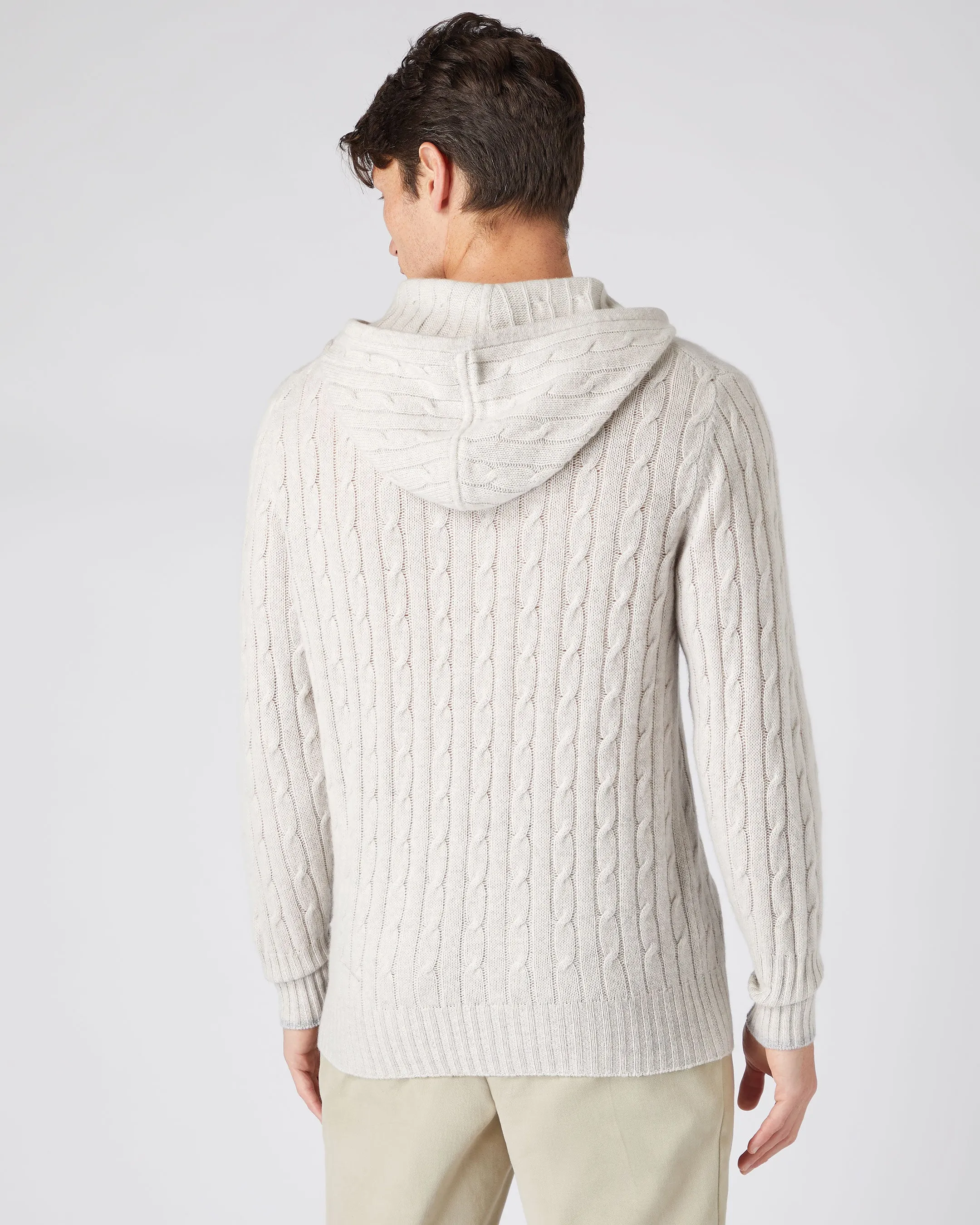 Men's Fitzrovia Cable Cashmere Hoodie Pebble Grey