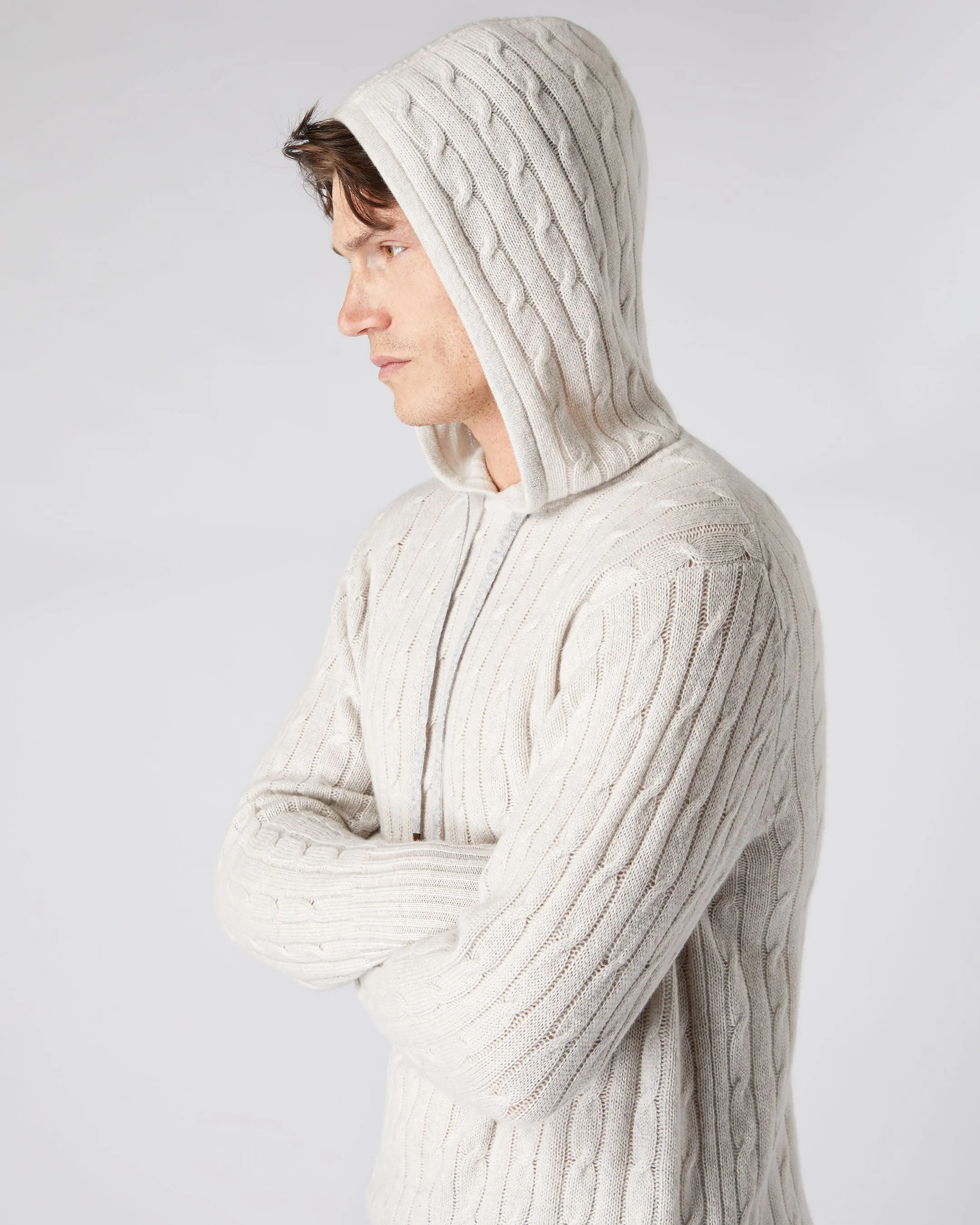 Men's Fitzrovia Cable Cashmere Hoodie Pebble Grey