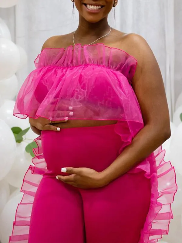 Momnfancy Pink Tulle Bandeau 2-in-1 Crop Ruffle Cute Bodycon Plus Size Baby Shower Maternity Jumpsuit