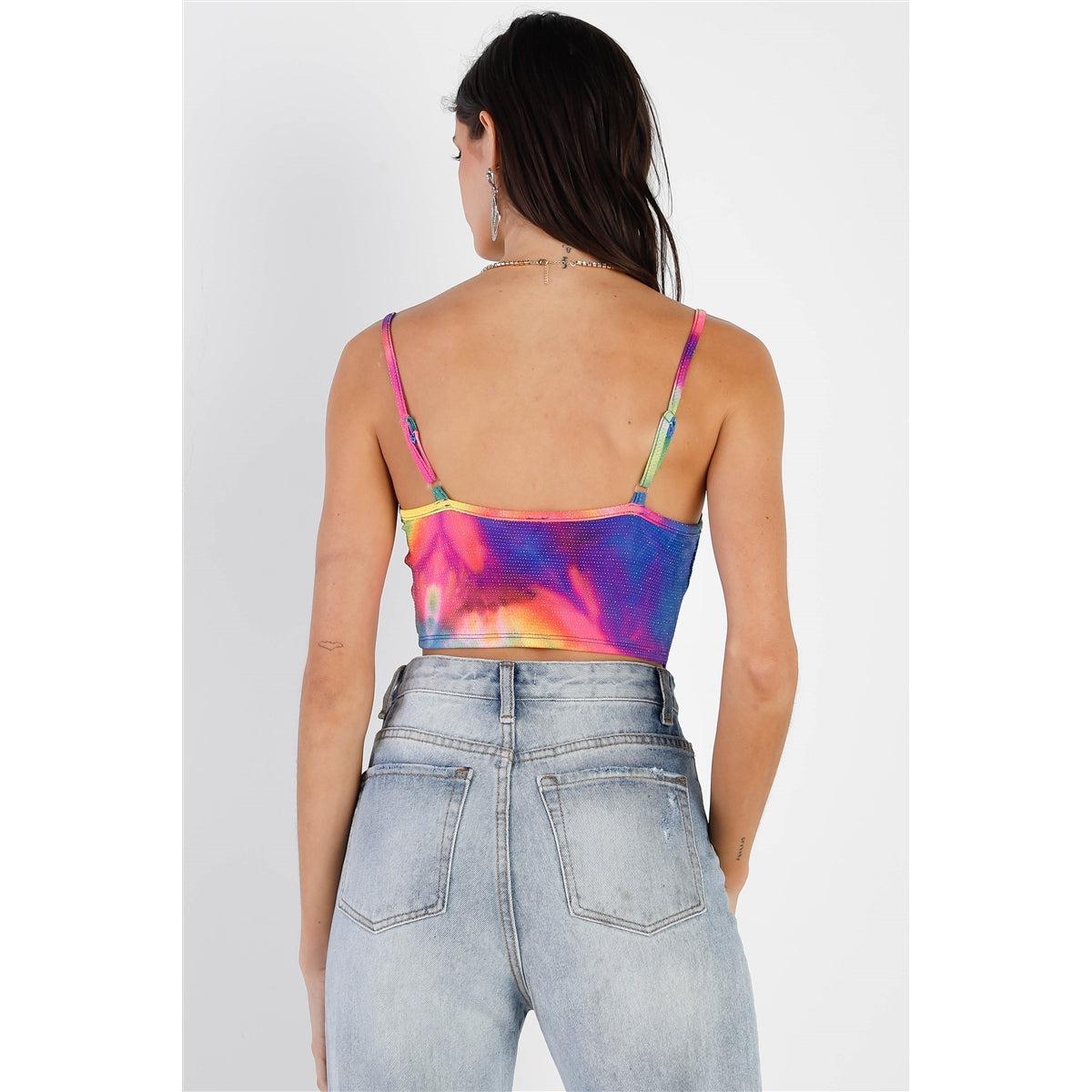 Multi Color Neon Tie-dye Lurex Cowl Neck Sleeveless Crop Top