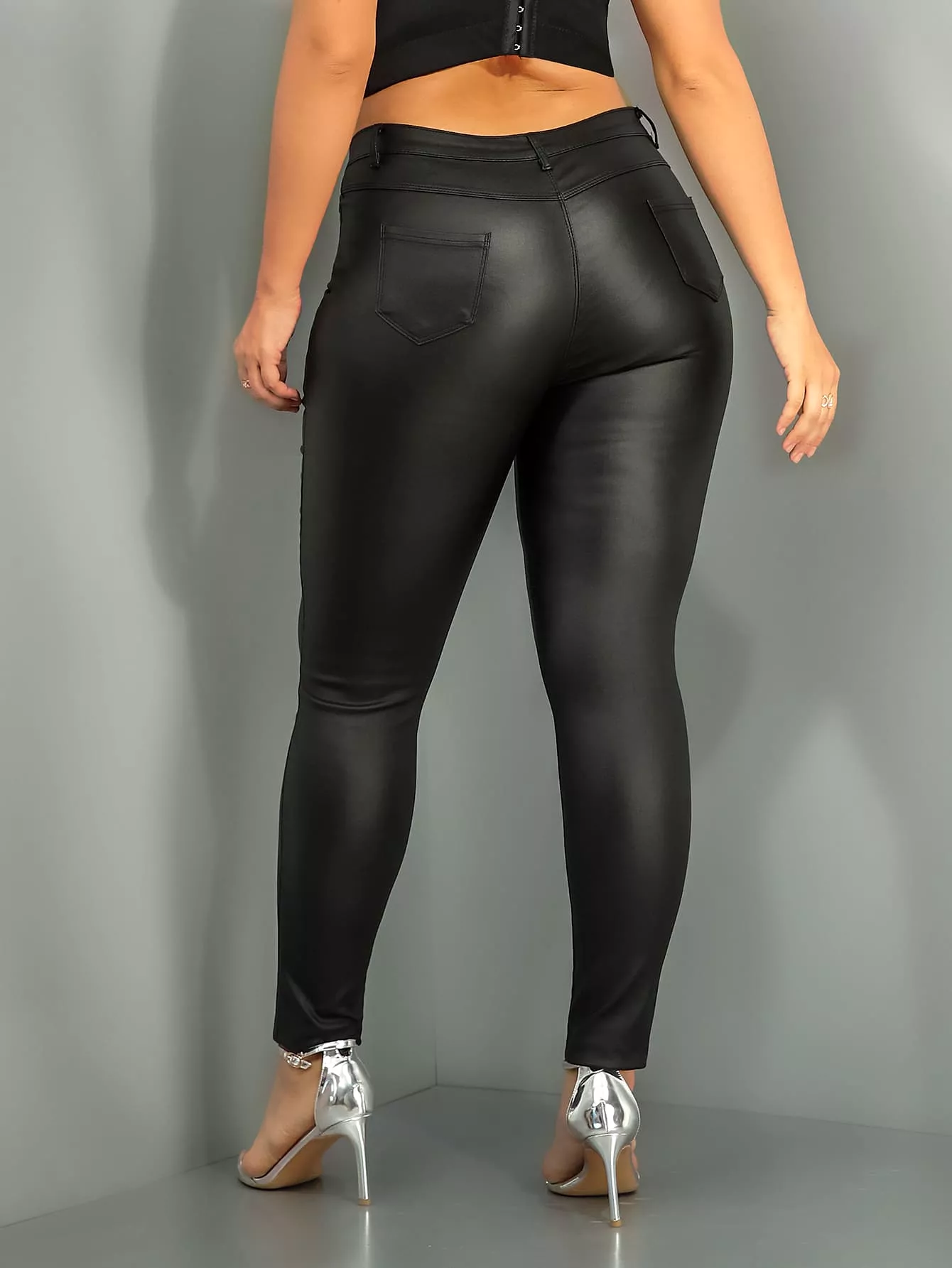 Plus High Waist PU Leather Skinny Pants