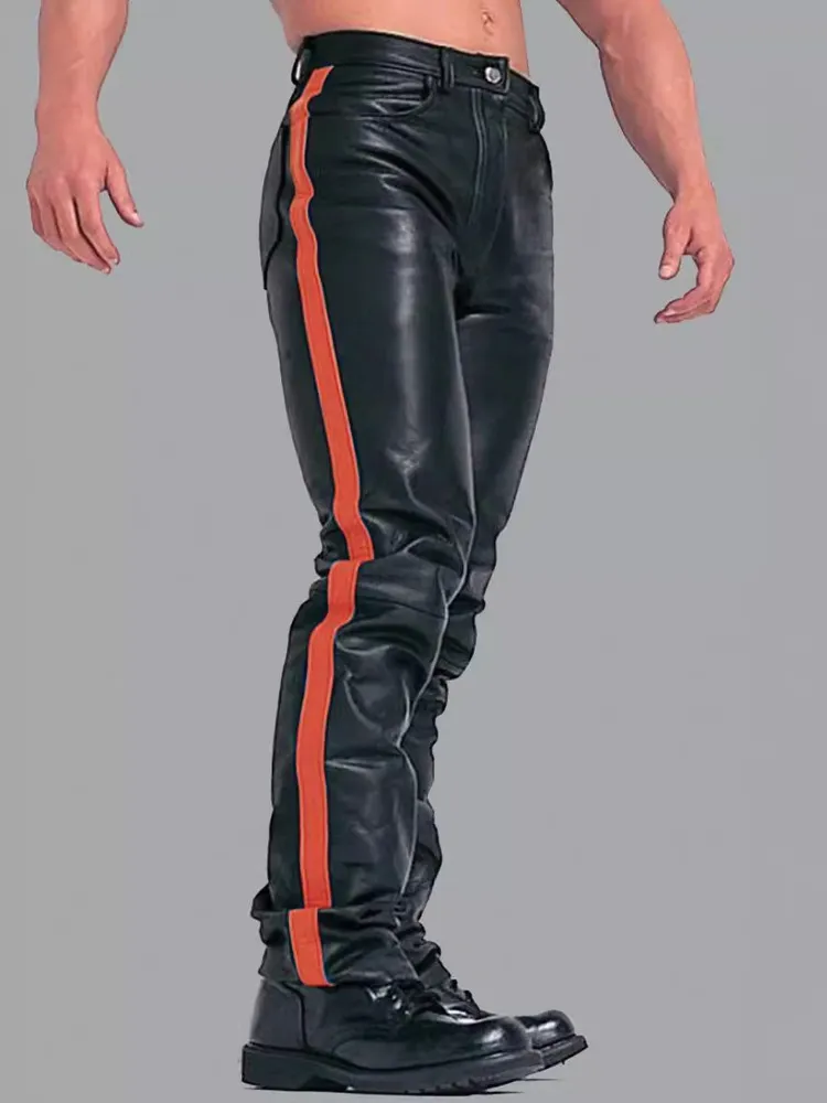 Red Vintage Skinny Retro PU Leather Pants Retro Costumes For Man