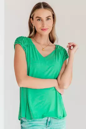 Ruched Cap Sleeve Top in Emerald