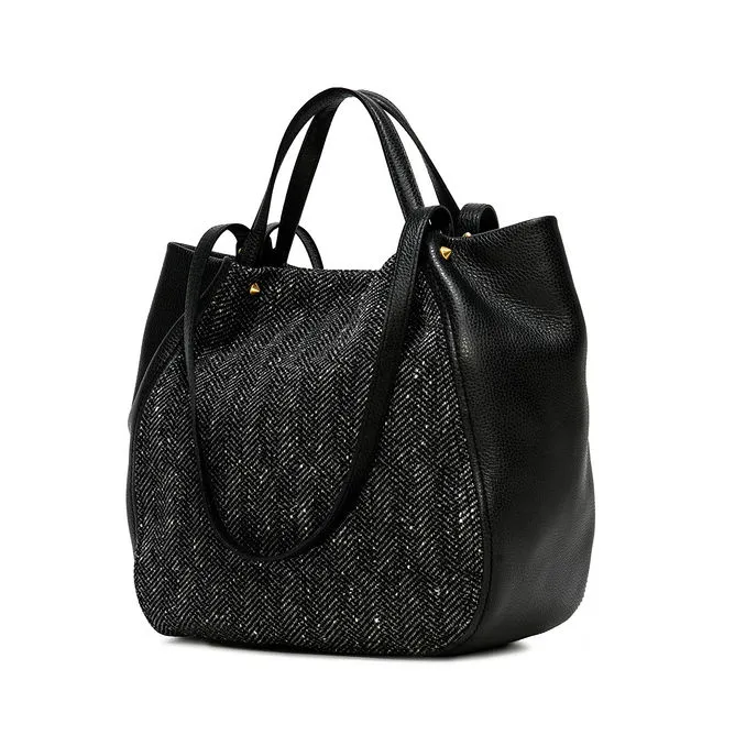 TULIP BAG IN HAMMERED LEATHER AND FABRIC Woman Black