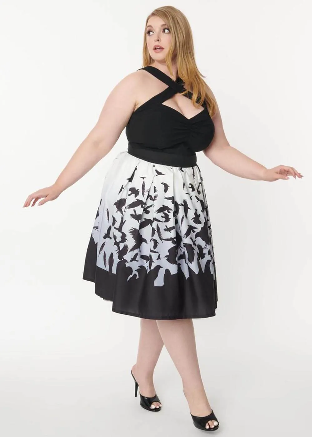 Unique Vintage x Hitchcock The Birds Main Attraction 50's Swing Skirt Black White