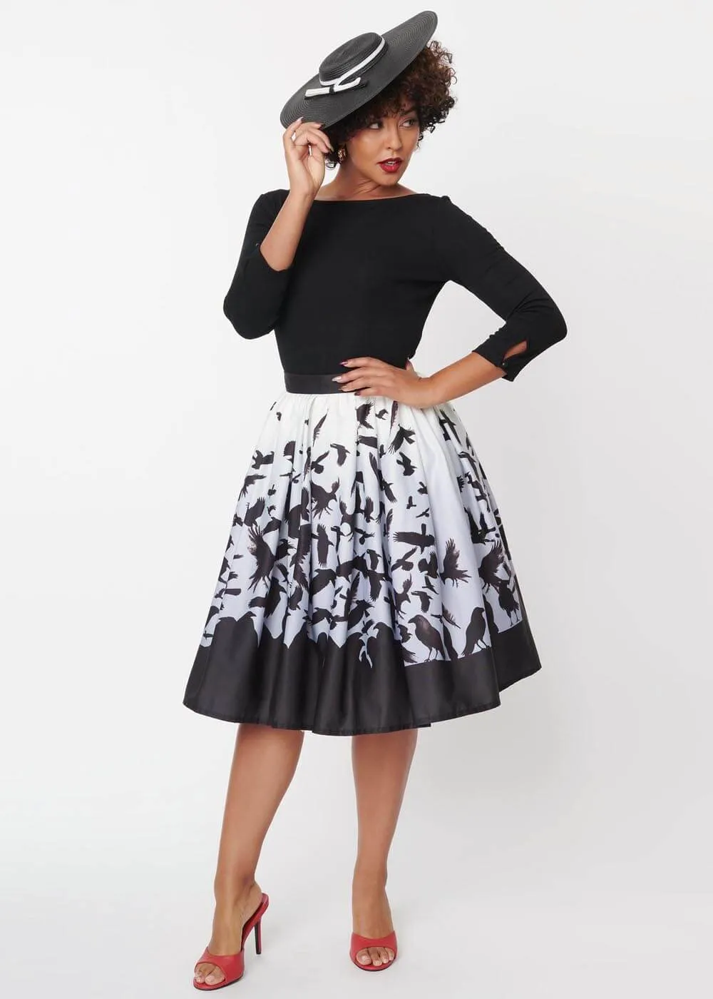 Unique Vintage x Hitchcock The Birds Main Attraction 50's Swing Skirt Black White