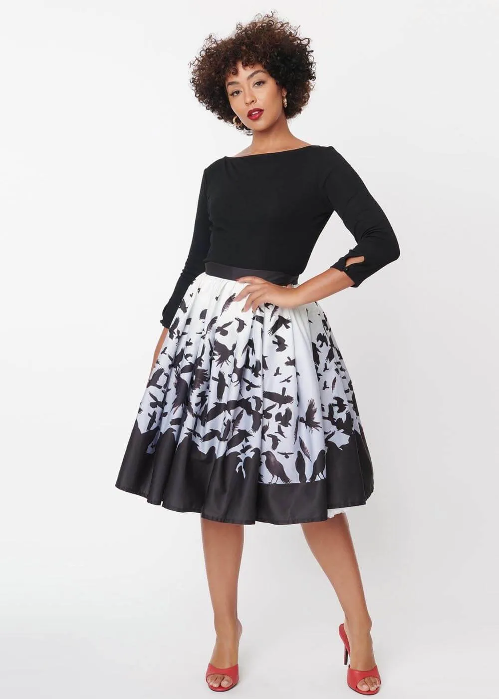 Unique Vintage x Hitchcock The Birds Main Attraction 50's Swing Skirt Black White