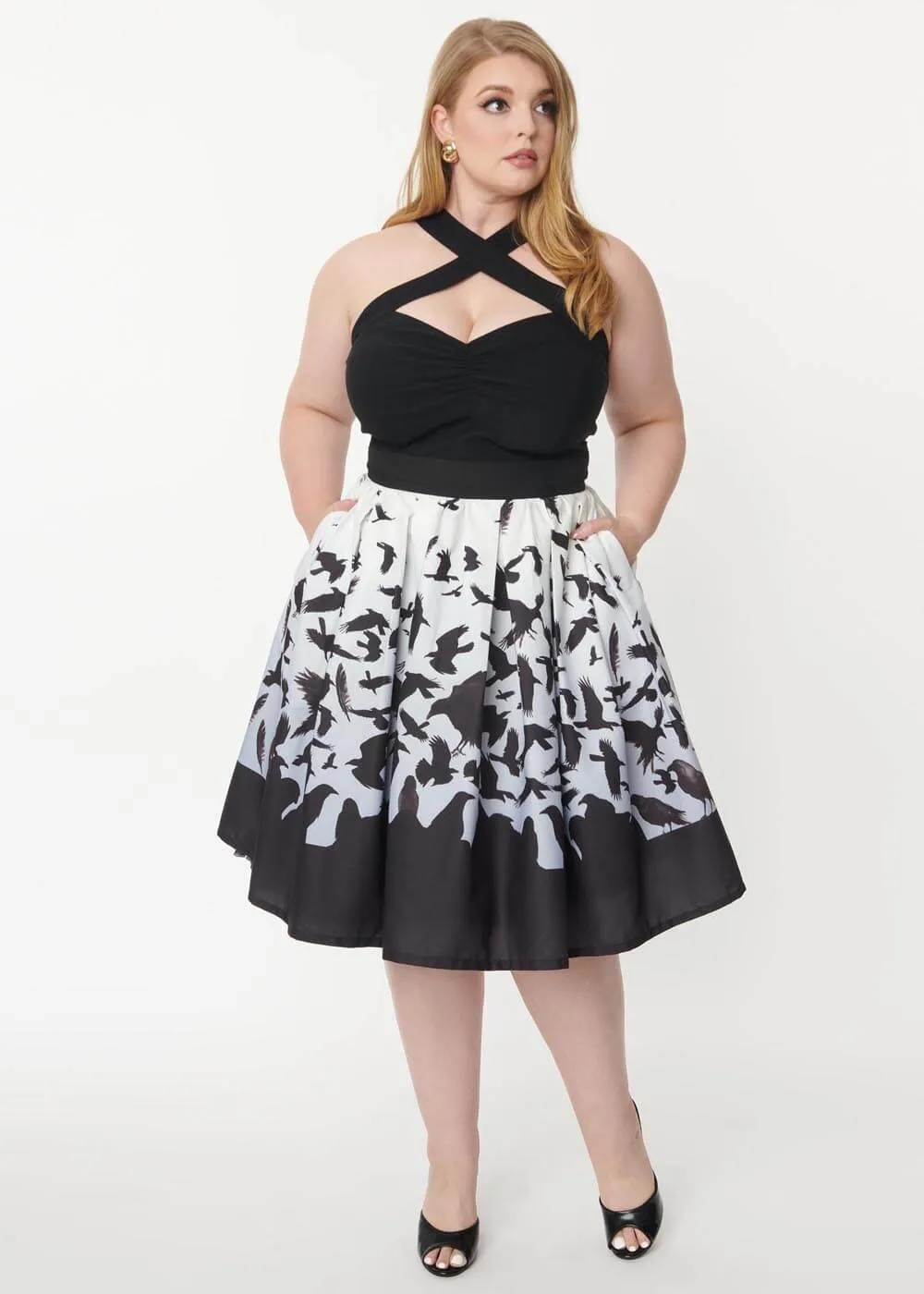 Unique Vintage x Hitchcock The Birds Main Attraction 50's Swing Skirt Black White