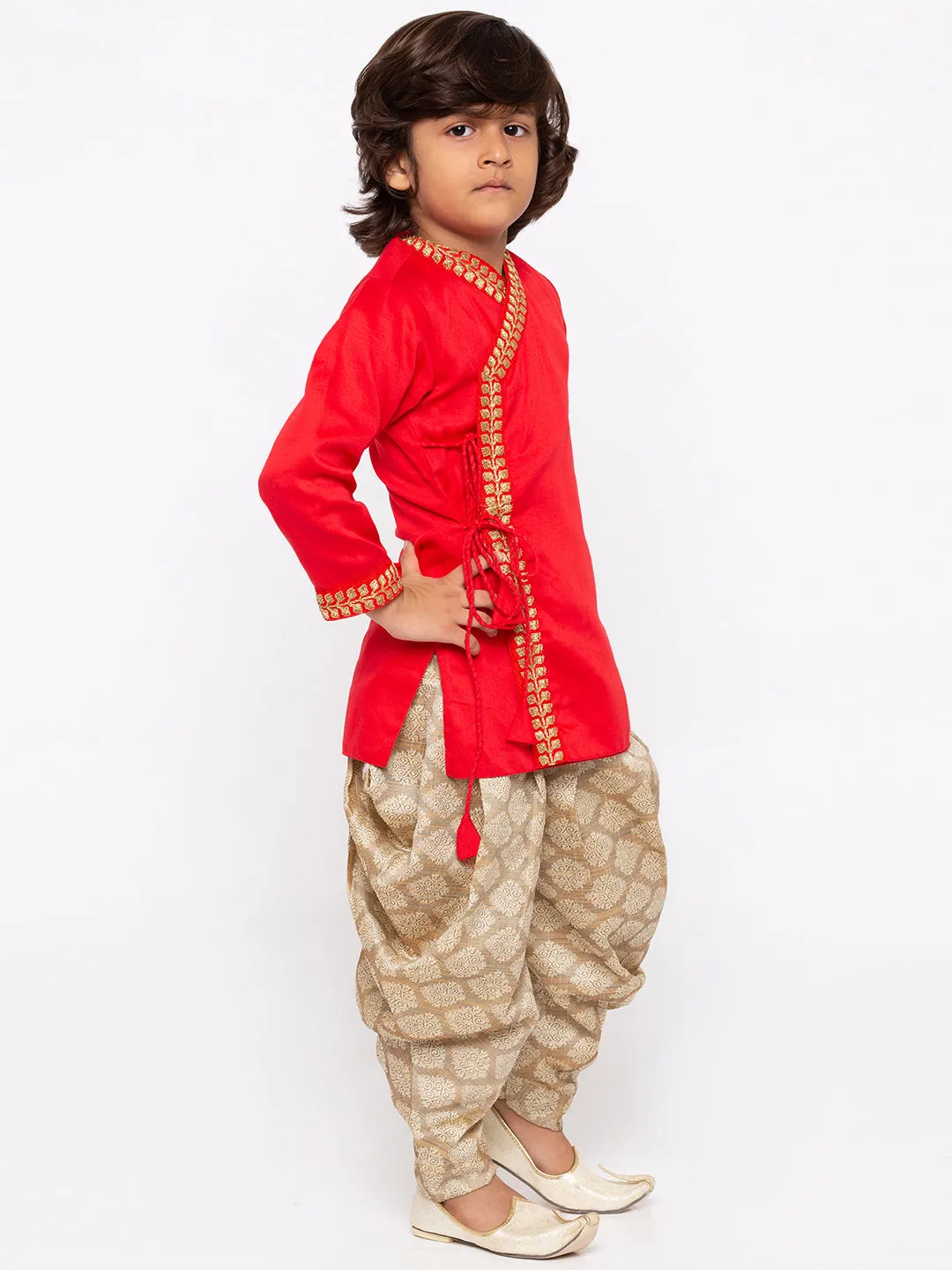 Vastramay Boys' Red Cotton Kurta and Dhoti Pant Set