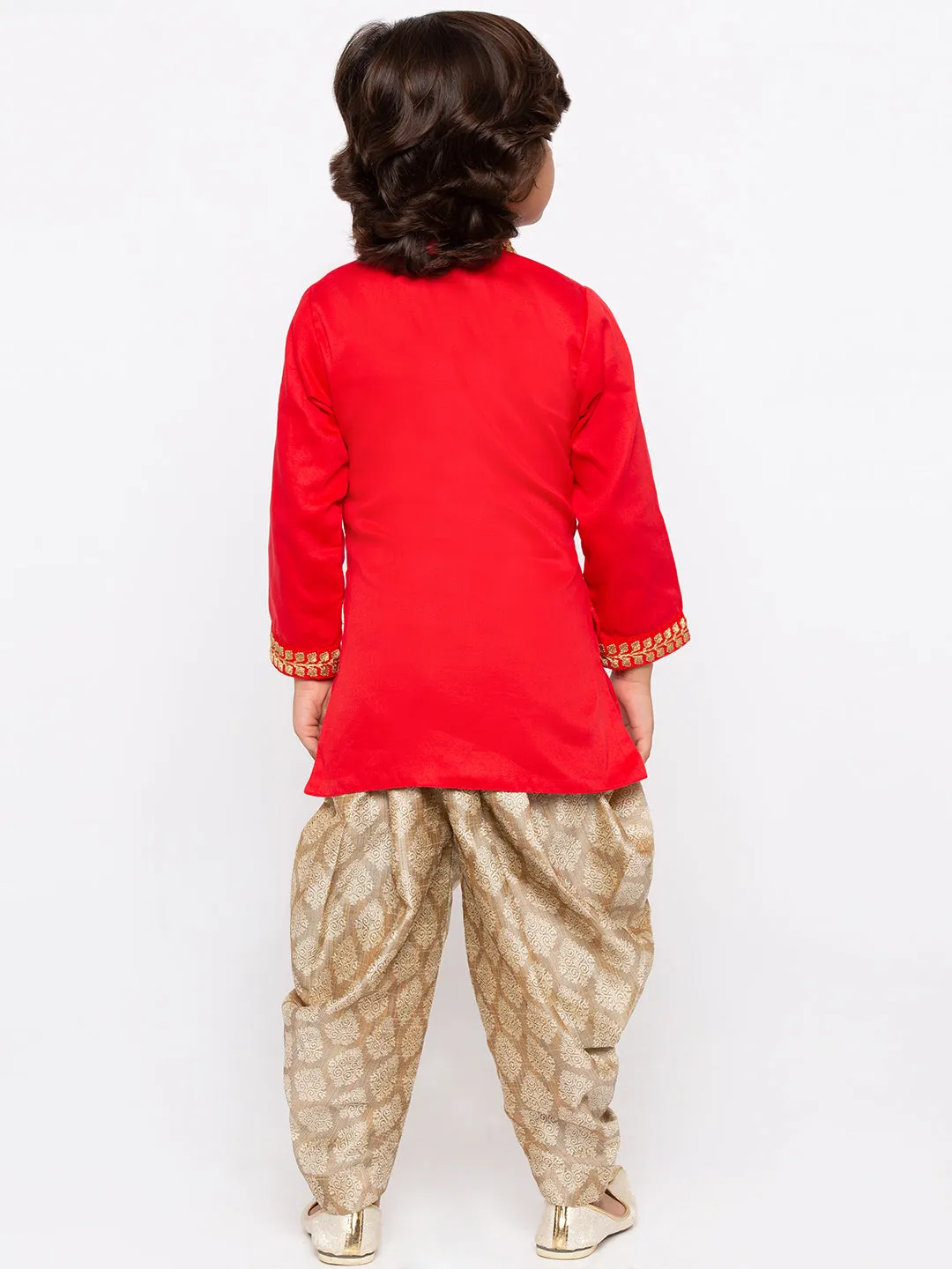 Vastramay Boys' Red Cotton Kurta and Dhoti Pant Set