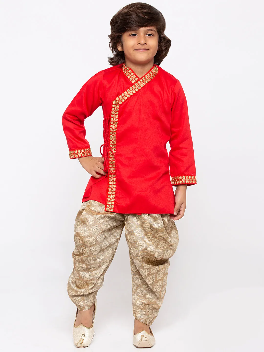 Vastramay Boys' Red Cotton Kurta and Dhoti Pant Set