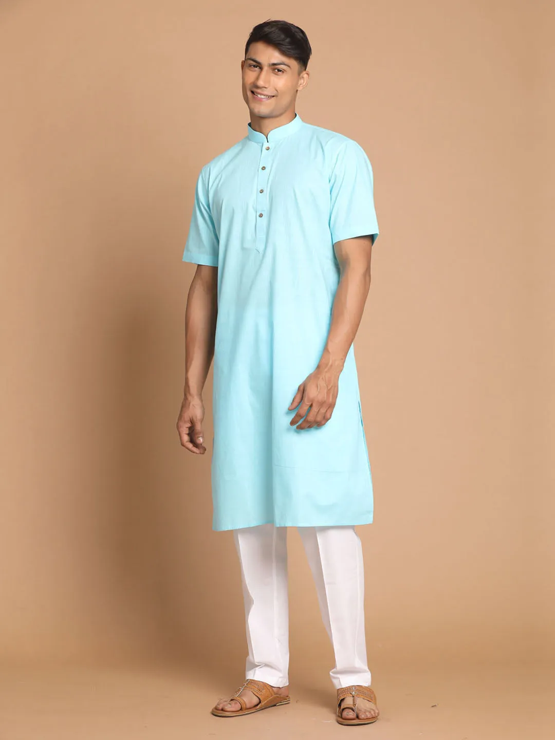 VASTRAMAY Men's Aqua Blue Solid Kurta with White Pant style Cotton Pyjama Set