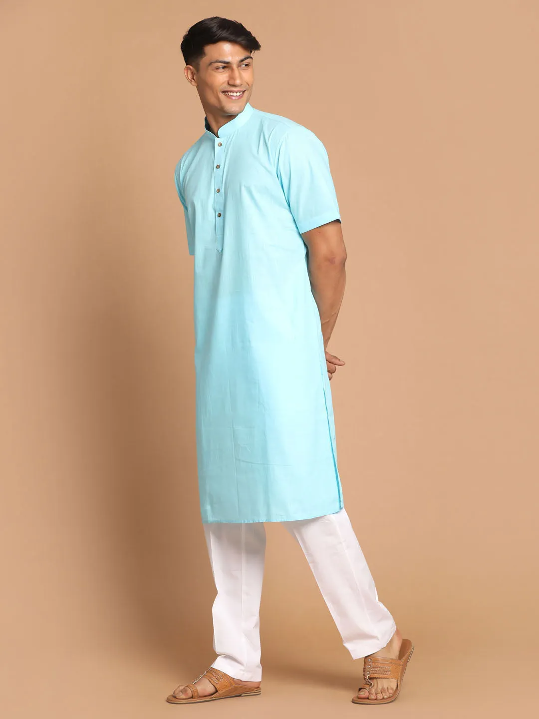 VASTRAMAY Men's Aqua Blue Solid Kurta with White Pant style Cotton Pyjama Set