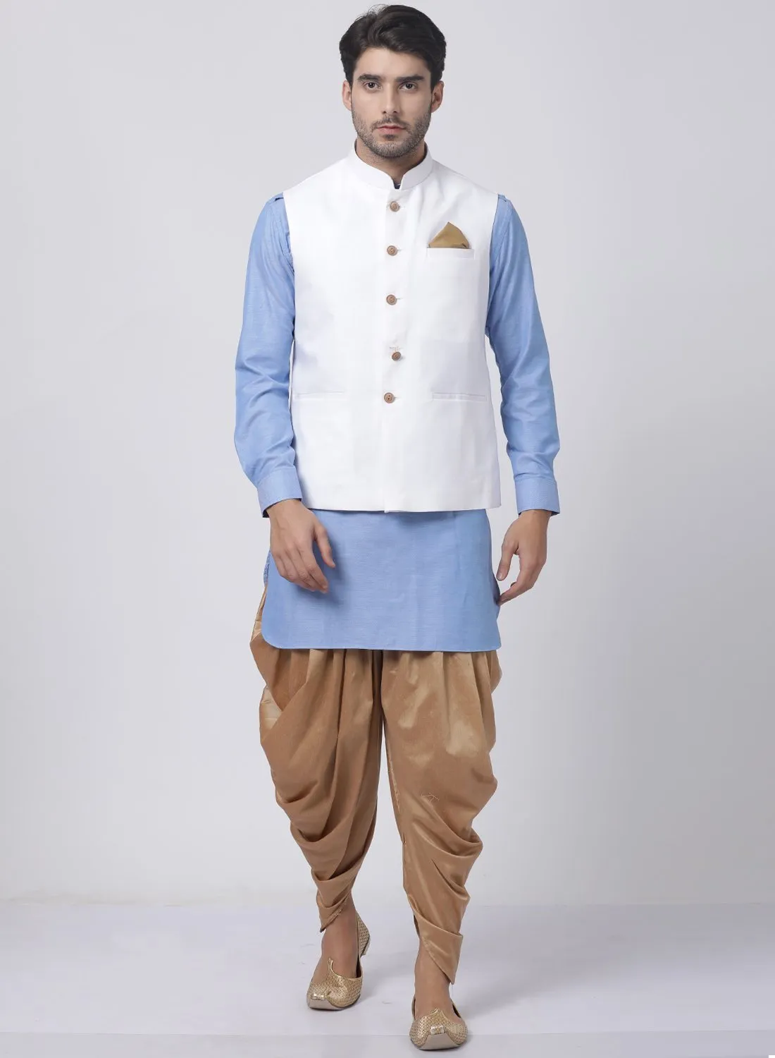 VASTRAMAY Men's Blue Cotton Blend Kurta, White Ethnic Jacket and Dhoti Pant Set