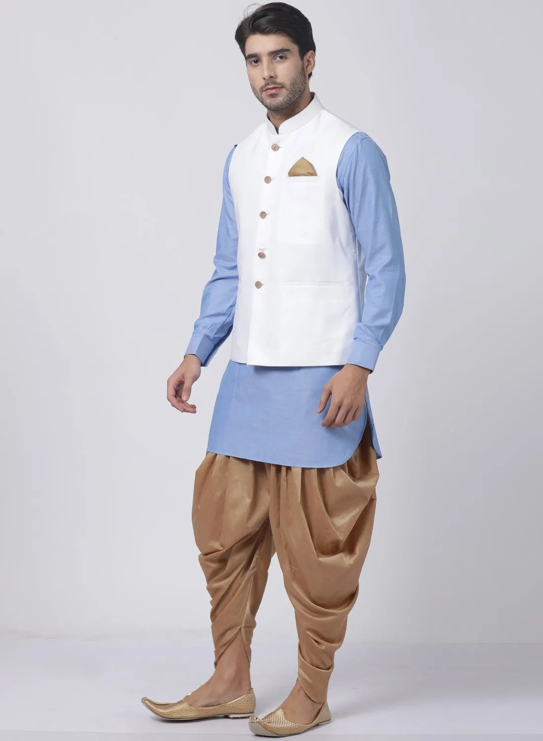 VASTRAMAY Men's Blue Cotton Blend Kurta, White Ethnic Jacket and Dhoti Pant Set