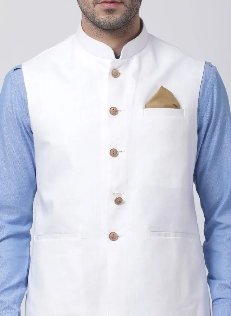 VASTRAMAY Men's Blue Cotton Blend Kurta, White Ethnic Jacket and Dhoti Pant Set