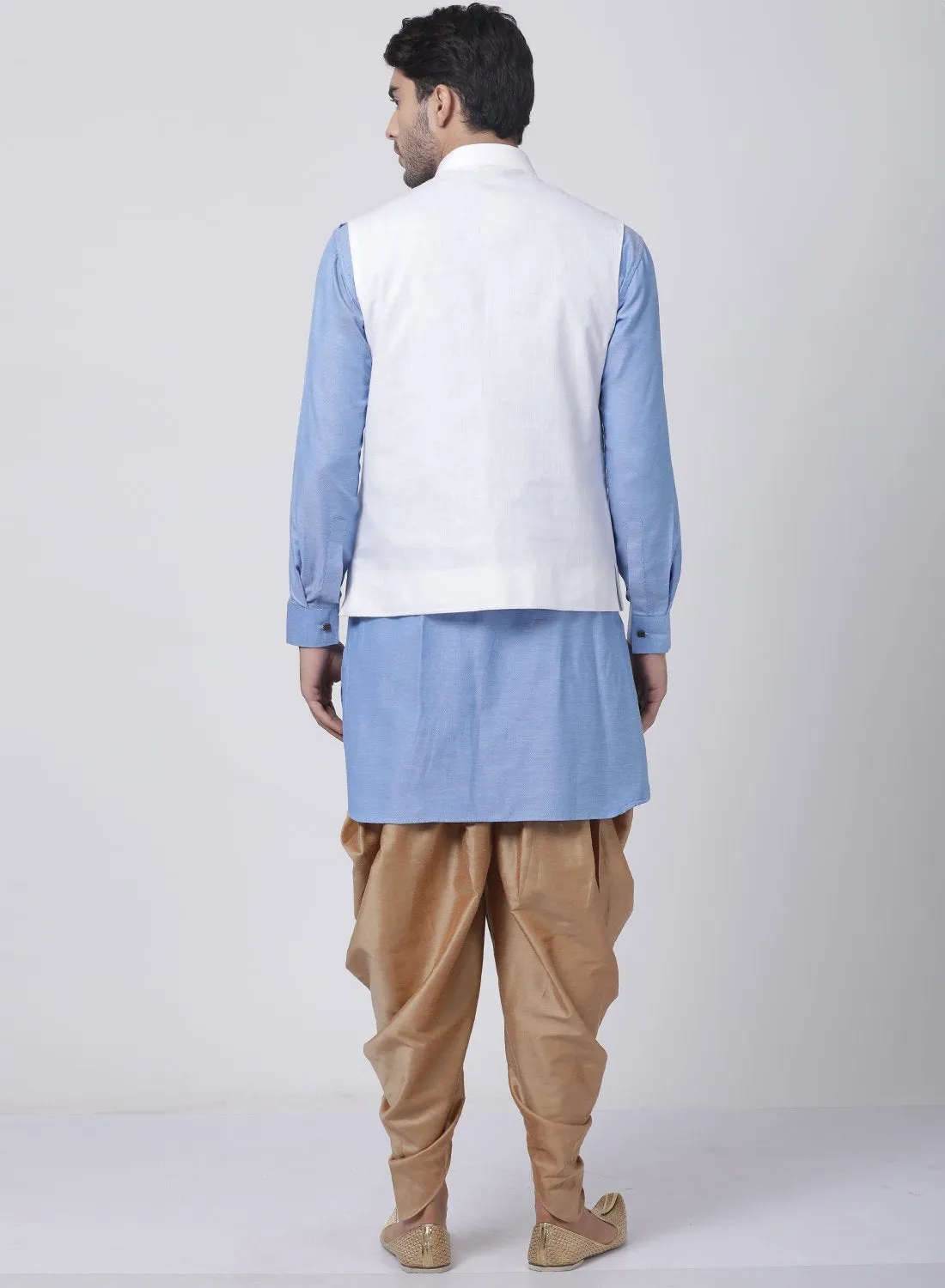 VASTRAMAY Men's Blue Cotton Blend Kurta, White Ethnic Jacket and Dhoti Pant Set