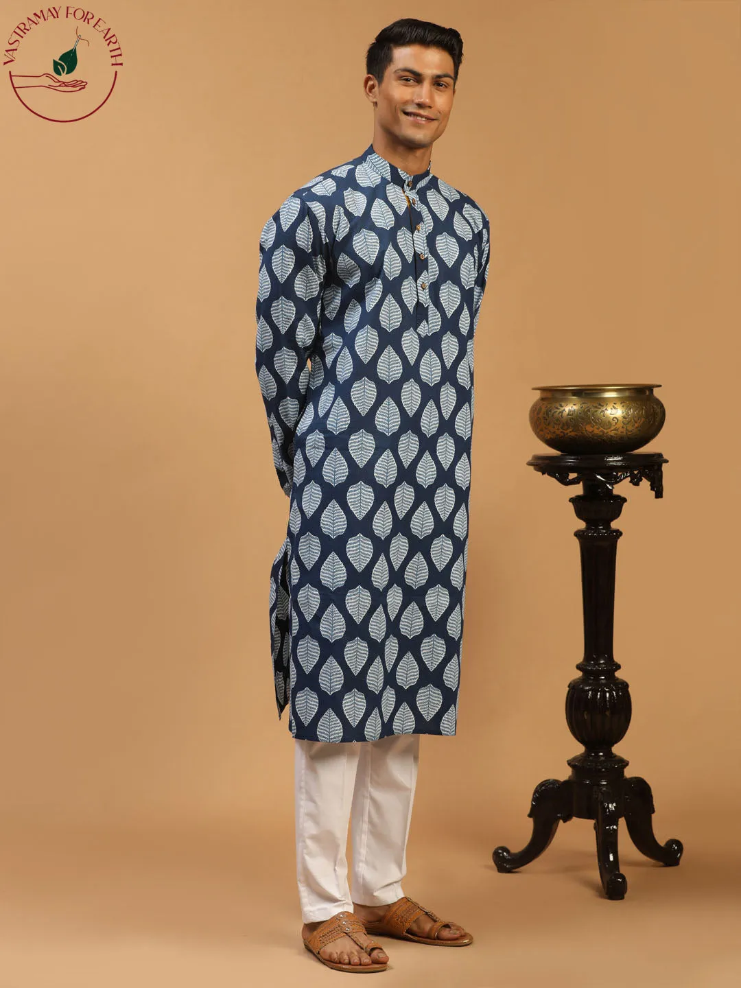 Vastramay Men's Blue Leaf Print cotton Kurta With White Pant Style pyjama Set