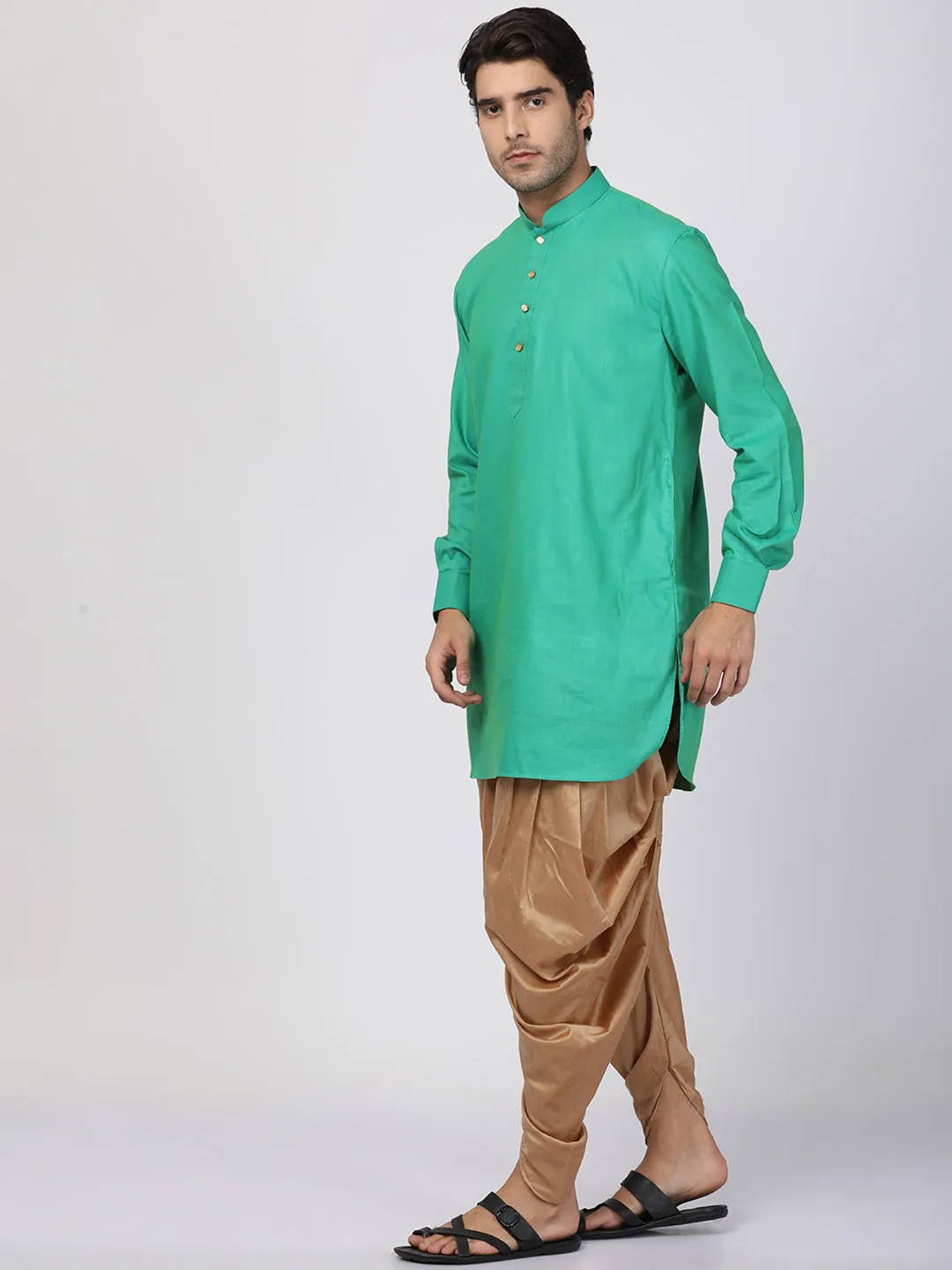 VASTRAMAY Men's Green Cotton Blend Kurta and Dhoti Pant Set